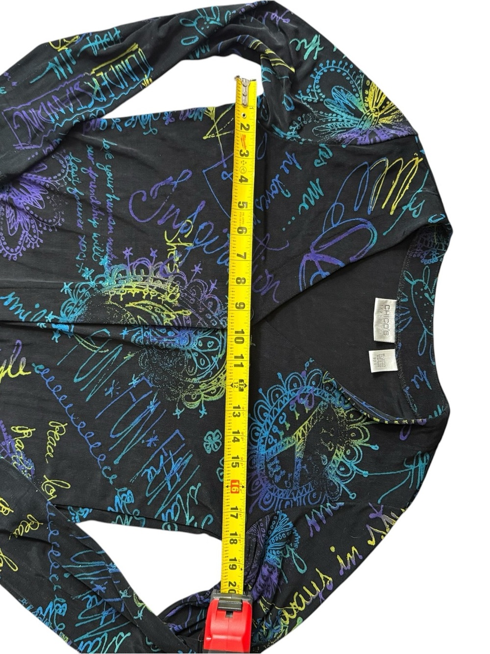 Chico's Travelers Black Peace Love Happiness Cardigan Jacket Top Wearable Art - Picture 7 of 10